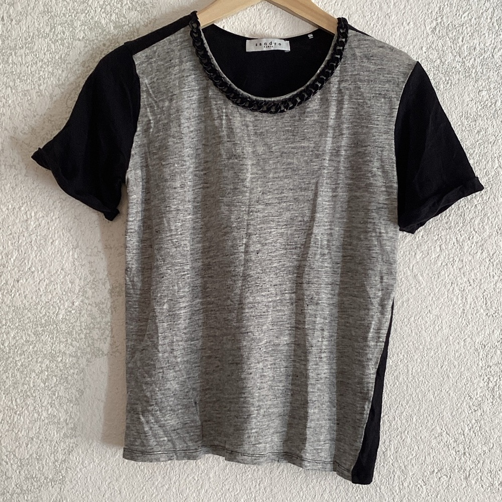 Sandro Gray and Black Short Sleeve Chain detail at neck size small